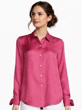 Theory Womens  Rose Pink Multi 100% Silk Tie Cuff Blouse